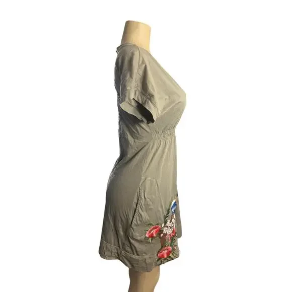 Women M Johnny Was JWLA V-Neck Embroidered Floral Bird Green Cotton Tunic Dress - Picture 7 of 8